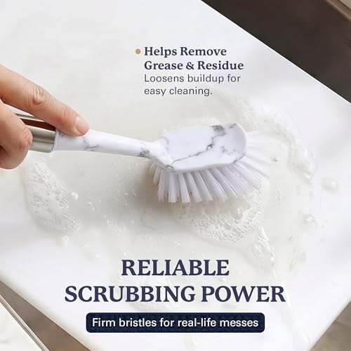Farberware Dish Brush with Handle, 2 Pack, Firm Bristles | Kitchen scrub brush and dish scrubber removes grease, reaches pot and pan edges, 10in, rectangle head, scraper tip - color: White Marble Rectangular
