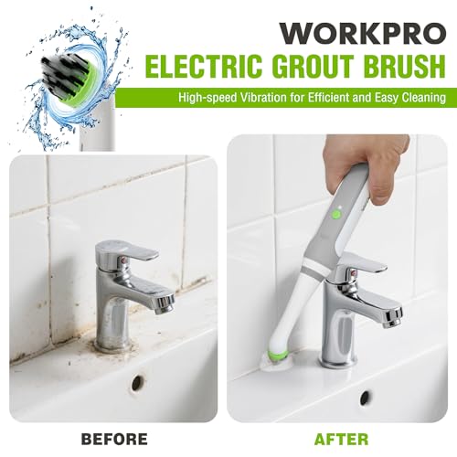 WORKPRO Cordless Grout Brush Set, 5500RPM Power Scrubber, IPX6 Waterproof Electric Scrubber with Type-C Charging Cable and Replaceable Brush Heads for Cleaning Grout, Tiles, Grime, and Crevices