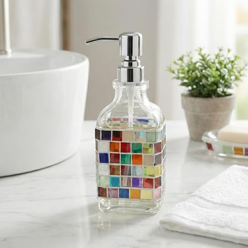BOPPIE Set of 2 Handcrafted Mosaic Glass Soap Dispenser, Modern Countertop Hand & Dish Soap Dispenser for Bathroom Kitchen, Refillable Bottle with Stainless Steel Rust Proof Pump, Colorful Grid+Leaves - color: Colorful Grid+leaves