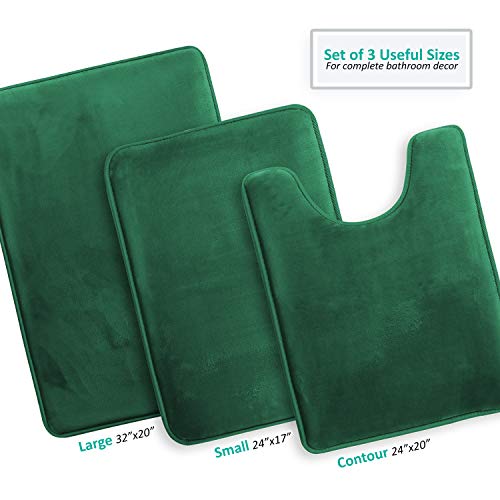 Clara Clark 3 Piece Bathroom Rugs Bath Mat Set, Velvet Memory Foam Bath Mats for Bathroom - Non-Slip, PVC Backing Bath Rugs, Washable - Dries Quickly, Green - color: Hunter Green, style: 17 x 24 + 20 x 32 + Contour