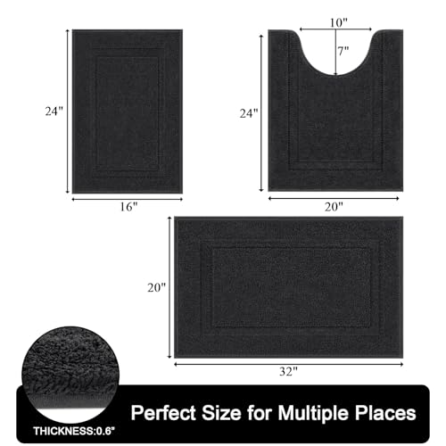 SHACOS Black Bathroom Rugs Sets 3 Piece Small Bath Mat U Shaped Toilet Rug | 20x32+ 16x24+ 20x24, Soft Fluffy Microfiber Bath Rugs Set, Non Slip Washable Absorbent Bathroom Floor Mats Carpet Shower Rug - color: Black, size: 16"x24"+ 20"x32"+U Shape 20"x24