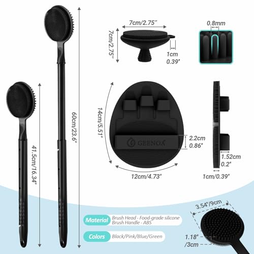 Silicone Back/Face Scrubber & Soft Bath Glove 3PCS, 16''- 24'' Extendable Shower Back Scrubber, 360° Anti-Slip & Hand-fit Silicone Bath Glove, Manual Face Brush for All-Round Cleaning(Black) - color: Black*3