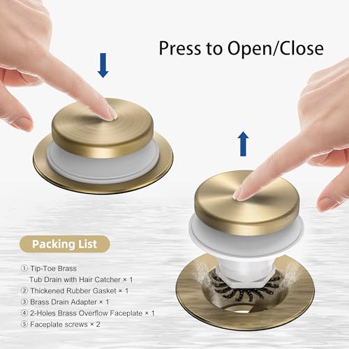 Brushed Gold Tub Drain Kit with Hair Catcher, Premium Brass Tip-Toe Bathroom Tub Drain Replacement and 2-Hole Overflow Faceplate, 11.5/16 UNC Bathtub Drain Stopper Assembly - color: Brushed Gold