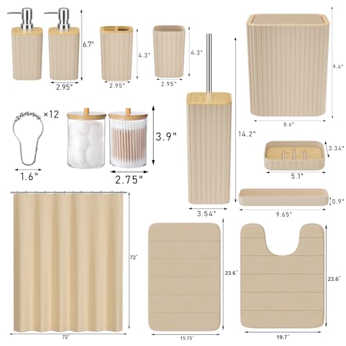 XLHOMO Bathroom Set- 25PC Beige Bathroom Set, Bathroom Set with Shower Curtain and Rugs, Beige Shower Curtain Set, Toilet Brush, Bathroom Trash Can - size: Bath Set+Shower Curtain+Rugs, style: Beige