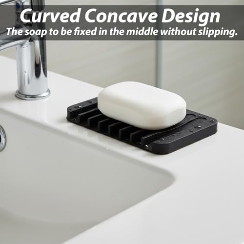 Silicone Soap Dishes Self Draining, 3 Pcs Soap Holder for Shower Bathroom Kitchen Sponges, Keep Dry Clean(Black)