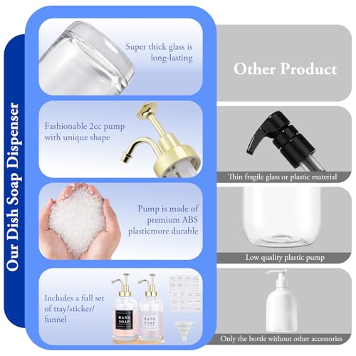 Glass Soap Dispenser with Pump,Tray,Funnel, Countertop Soap and Lotion Dispenser Set of 2 with 60 Stickers, Dish and Hand Soap Dispenser Bottle for Kitchen,Bathroom,Shower,500ml/16.9oz - color: Blk-5010-2g