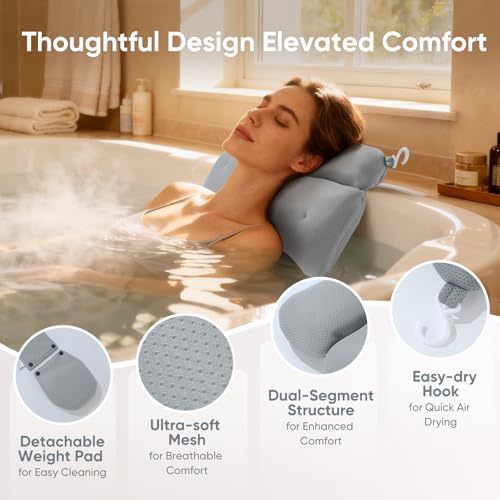 2-Pack Dual-Section Pillows for Hot Tub (Grey) – Dual-Section Head & Neck Support Cushion for Spa & Chaise Lounge, Removable Weighted Pouch, Adjustable Long Strap & Easy-Dry Hook