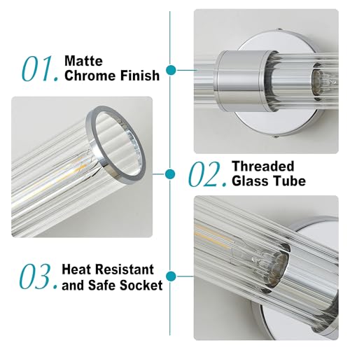 Chrome Bathroom Vanity Light, Wall Sconce Threaded Glass 1 Pack, Modern Wall Light for Bathroom, Living Room, Hallway, Kitchen - UL Certification (Bulb Not Included) - color: Chrome Clear Glass