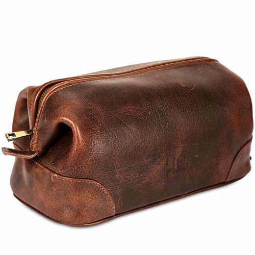 HLC Leather Toiletry Bag for Men Best Gift Premium Genuine Dopp Kit Shaving Kit Organizer Travel Kit Pouch Bag 10 inch Size (Brown) - color: Brown
