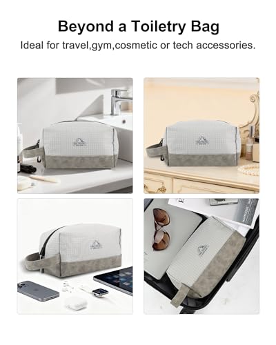 GOX Premium Plaid & Leather Travel Toiletry Bag with Reinforced Handles Cosmetic Organizer (9x5.1x5.1 inches) for Bathroom, Shaving, Makeup Essentials (Grey) - color: Grey