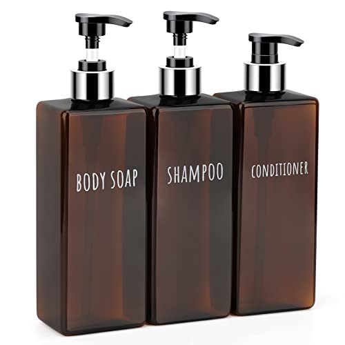 Segbeauty Shampoo and Conditioner Dispenser, 3 Packs 16.9oz Refillable Bathroom Soap Dispenser Set, 500ml Plastic Square Shower Press Pump Bottles Liquid Lotion Dispenser for Kitchen Sink Amber - color: Dark Amber, style: 16.9oz-Silver Pump