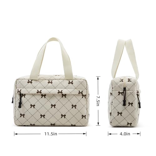 Large Makeup Bag for Women Corduroy Cosmetic bag Make up Bags Zipper Pouch with handle Cosmetic Organizer Toiletry Bag for Travel Storage - color: 26-Bowknot Beige