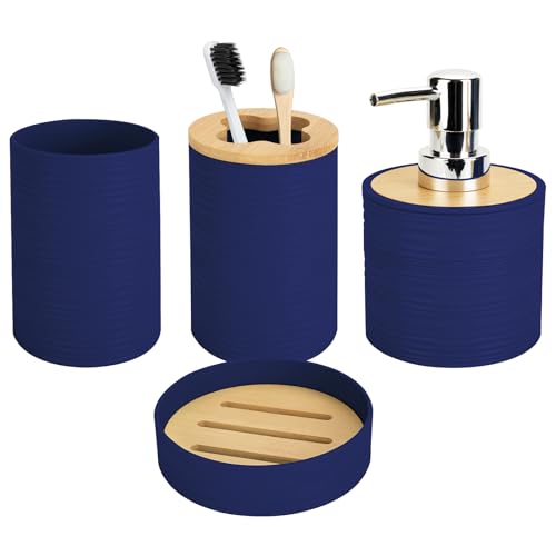 4 PCS Navy Blue Bathroom Accessories Set, Includes a Soap Dispenser, Toothbrush Holder, Soap Dish and Mouthwash Cup, Plastics & Bamboo Bathroom Set, Bohemian Style Bathroom Sink Set - color: Navy Blue, size: 4 PCS