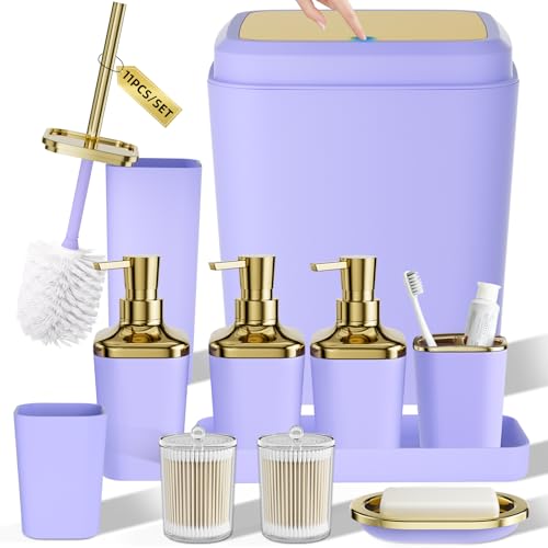 Bathroom Set - 11PC Bathroom Accessory Set, Bathroom Accessories Set, Purple Bathroom Set, Push-lid Trash Can, 3PC Soap Dispensers, Toilet Brush & Q-tip Holders - color: Purple & Gold, size: Bath Set