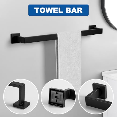 Cilee 10-Pieces Bathroom Hardware Set - Matte Black Bathroom Accessories, 24 Inch Towel Bar, Square Towel Ring, Toilet Paper Holder, Towel Hook, Wall-Mounted Stainless Steel Towel Bar Rack Set - color: 10 - Matte Black, size: 10 Pieces