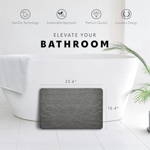 Diatomaceous Earth Stone Bath Mat - Ash Bloom | Modern Fast Dry Bathroom Floor Shower Mat, Quick Drying Premium Luxury Diatomite Spa Stone Gift, Non-Slip Base, 23.6” x 15.4” - color: Ash Bloom