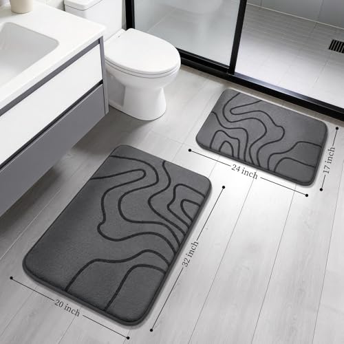 YIHOUSE Memory Foam Bathroom Rugs Sets 2 Piece - Extra Thick Ultra Soft Absorbent Bath Mat Set, Non-Slip Machine Washable Bath Rugs for Bathroom, Tub & Shower, Home Decor (32"x20"+24"x17", Dark Grey) - color: Dark Grey, size: 1'5" x 2'8" (17"x24"+20"x32")