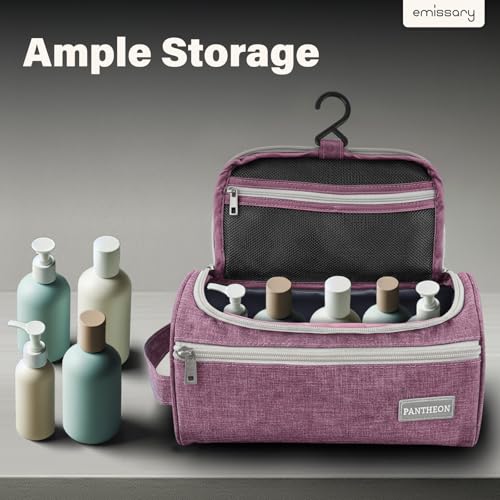 emissary Hanging Travel Toiletry Bag for Men, Dopp Kit - Pink | Built-in hook, waterproof wipe-clean lining, clear & mesh pockets; men's travel toiletry organizer, folds flat - color: Pink