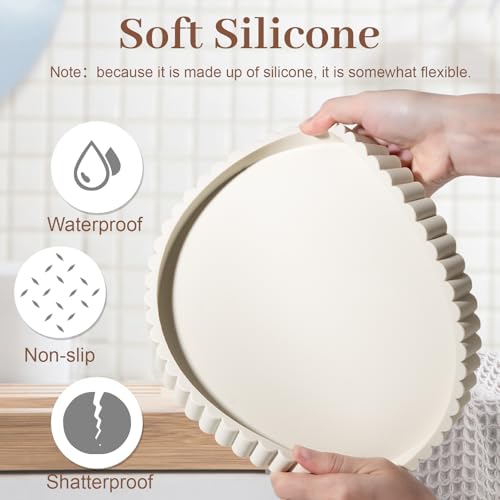 Round Bathroom Tray Silicone Kitchen Counter Decor Vanity Organizer Decorative Coffee Table Tray for Perfume, Candle, Soap Dish, 9 Inch, Beige - color: Beige, size: 9"