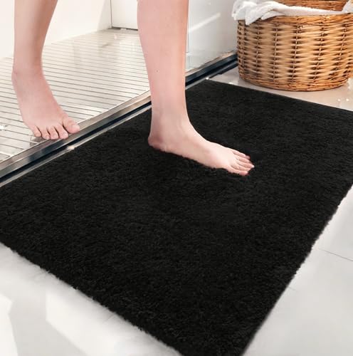 AROGAN Luxury Long Bathroom Runner Rug, 20x30 Inch Thick Soft and Absorbent Microfiber Non Slip Bath Mat, Rubber Backing Quick Dry Rugs Carpets, Machine Washable Plush Mats for Shower Floor, Black - color: Black, size: 1'8" x 2'6" (20" x 30")