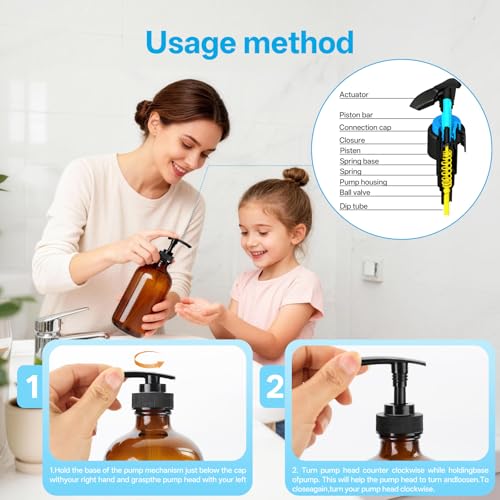 GIVAMEIHF Amber Glass Dispenser Bottles 2-Pack, 16oz Refillable Amber Glass Soap Dispenser with Pump, Brown Glass Containers for Kitchen & Bathroom - Dish Soap,Lotion,Shampoo,Conditioner & Body Wash
