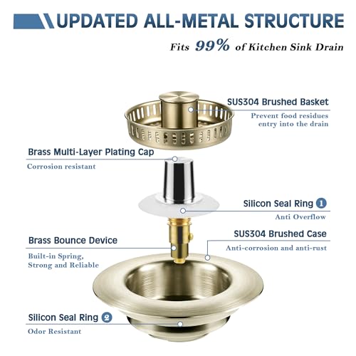 Kitchen Sink Drain Strainer 3 in 1, 304 Stainless Steel Pop Up Sink Stopper, Anti-Clogging Sink Drain Strainer for US Standard Kitchen Drain (Light Bronze) - color: Light Bronze, size: 1 Pack