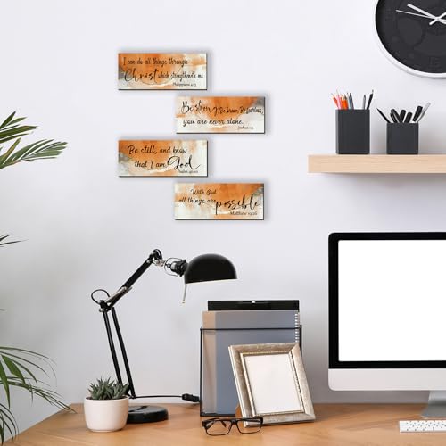 4 Pcs Burnt Orange Bathroom Decor Christian Wall Art Abstract Bible Verse Wall Decor Rustic Inspirational Wood Bathroom Accessories For Bedroom Kitchen Office(10 x 4 Inches, Orange) - color: Orange