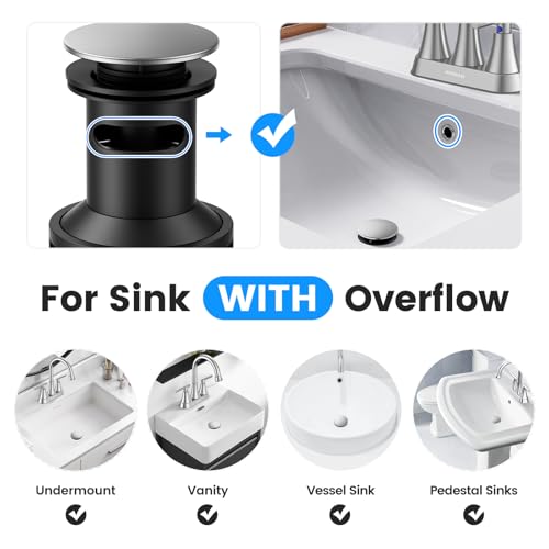 Bathroom Sink Drain with Overflow with Hair Catcher Anti-Clog Sink Strainer | Hurran Bathroom Sink Stopper for 1.65-1.9" Hole, Plastic Pop-up Drain for Bathroom Vanity Vessel Sink, Brushed Nickel, 2 Pack - color: Brushed Nickel X 2