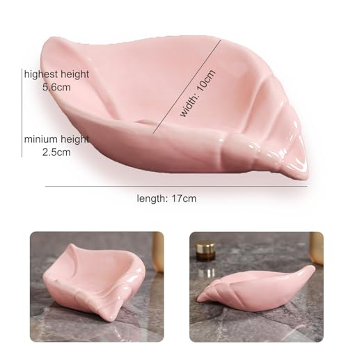 Sea-Shell Soap Holder, Ceramic Soap Tray with Self Draining, Soap Tray for Sink Washroom Bathroom Shower, Small Cute and Elegant Holder with Glaze, Easy Cleaning (Pink) - color: Pink