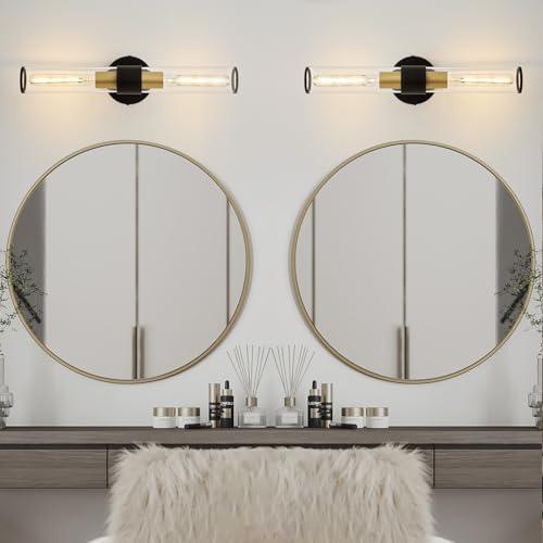 Hardwired Black Gold Vanity Light Clear Glass Wall Sconce | Up & Down Bidirectional Lighting, Damp Rated For Bathrooms, Dimmable, Rustproof Metal, 5-Year Manufacturer Warranty - color: Black Gold-A