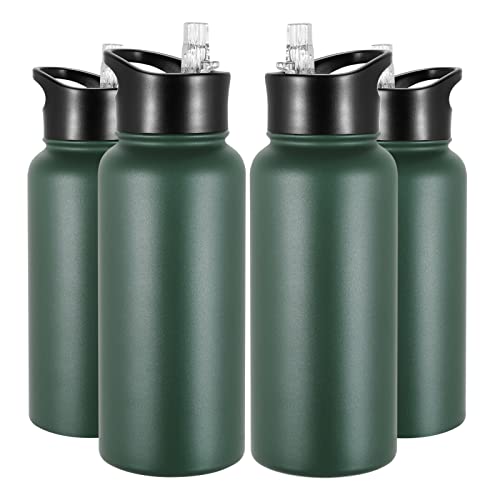 32 oz Insulated Water Bottle Bulk 4 Pack, Stainless Steel Sports Water Bottles with Straw Lid & Wide Mouth Lids, Double Walled Vacuum, Leak Proof, Dark Green - color: Dark Green, size: 32 Ounces-4