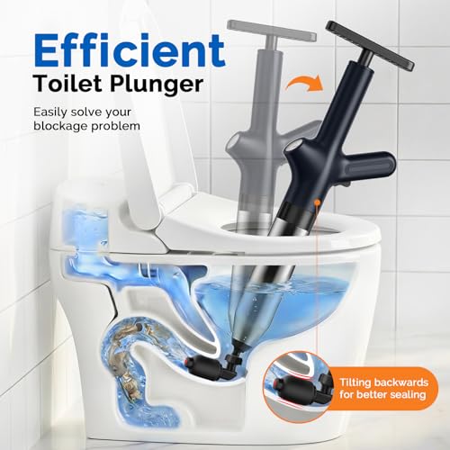 HAMITOR Toilet Plunger Drain Clog Remover: High Pressure Air Plunger & Heavy Duty Toilet Snake with Barometer for Sink, Drain Clogs - Unclogging Tool for Failed Traditional Plungers, Ink Black