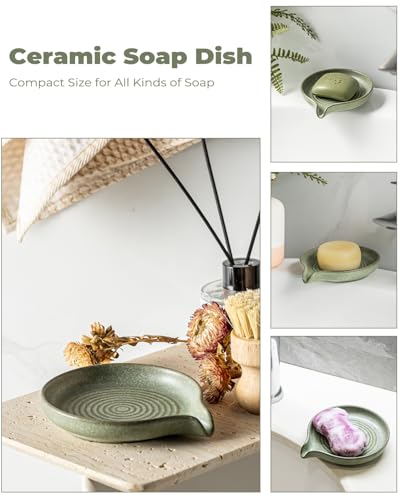 Soap Dishes, Ceramic Shower Soap Dish with Waterfall Design Bar Soap Holder Self Draining Soap Saver for Shower, Bathroom, Sink, Kitchen and Countertop, Green - color: Green, size: Round