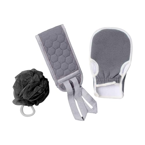 Back Scrubber Set, 3Pcs Bath Gloves and Shower Loofah Sponge for Body Scrub and Daily Shower Cleaning(Grey) - color: Grey