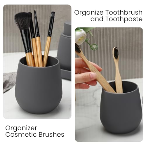 Bathroom Accessories Set, Modern 3 Pcs Bathroom Essentials - Soap Dispenser, Toothbrush Holder & Tray, Countertop Vanity Organizer (Gray) - color: Gray
