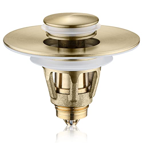 Universal Bathroom Sink Stopper - Bounce Wash Basin Drain Filter, Stainless Steel Pop Up Drain Stopper, Bullet Core Push Type Sink Stopper, Sink Drain Plug with Anti-Clogging Strainer, Brushed Gold1 - color: Gold Brushed, style: Small Cover
