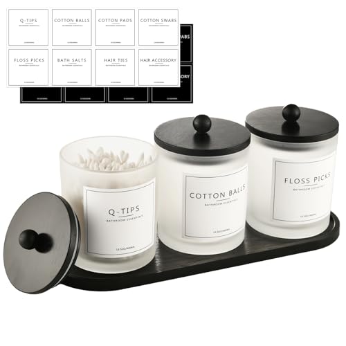 3 Pack Qtip Holder Bathroom Set,Cotton Ball Swab Pad Holder Cotton Round Floss Pick Dispenser with Tray,Glass Apothecary Jars with Lids,Bathroom Organizers and Storage Canisters-Frosted White