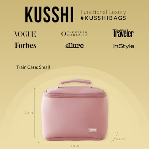 KUSSHI Neoprene Train Case Makeup Bag - Washable Makeup Travel Bag & Vanity Case for Stress Free Travel (Small, Mauve/Stone) - color: Mauve/Stone, size: Small