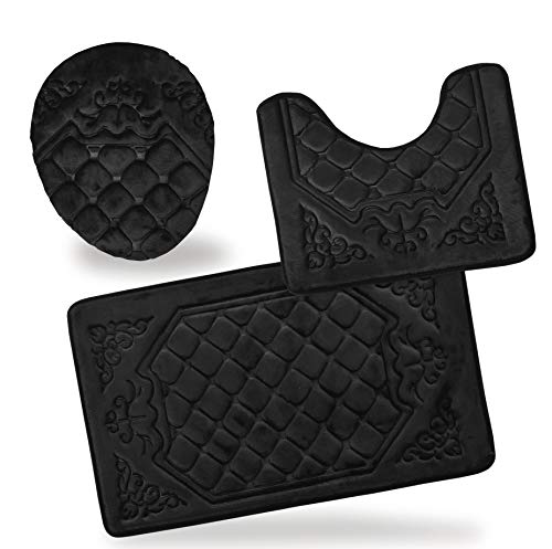 All American Collection 3PC Memory Foam Bath Mats Soft Plush Crown Design Anti-Slip Shower Bathroom Contour Toilet Lid Cover Rugs (Black) - color: Black