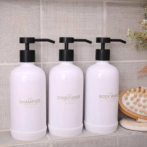 Shampoo and Conditioner Dispenser Set of 3,Refillable 21oz Shampoo Bottles with Non-Slip Protective Silicone Pad,Shower Soap Dispenser with Waterproof Labels for Bathroom (White) - color: White Bottles + Black Pumps