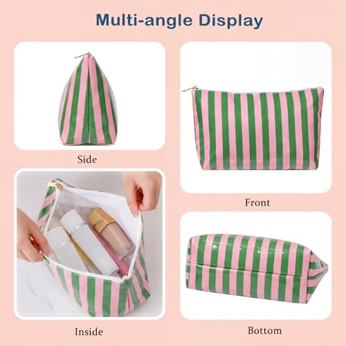 RSRSLEII Large Waterproof Travel Stripe Makeup Bag,Aesthetic PVC Toiletry Bag,Coquette Cosmetic Bag Organizer,Cute Preppy Carry-on Travel Accessories Essentials for Women Girls(01Pink Green) - color: 01Pink Green