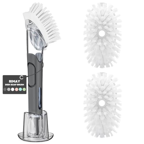 Soap Dispensing Replacement Dish Brush Storage Set with 2 PCS Brush Refills & Holder - RIMAY Dispenser Scrub Cleaning Scrubber Kitchen Dishwashing Dish Wand Handle for Dishes/Pans/Pots/Sink(Black) - color: Black