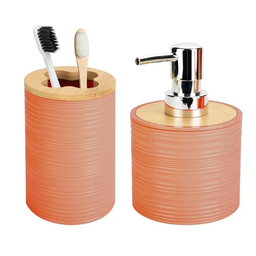 2 PCS Orange Bathroom Accessories Set, Soap Dispenser and Toothbrush Holder Set, Plastics & Bamboo Bathroom Set, Bohemian Style Bathroom Sink Set - color: Orange, size: 2 PCS