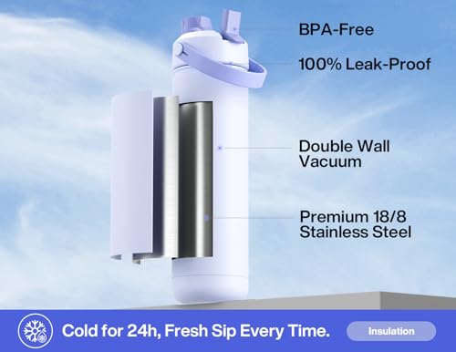 POWCAN 26 oz Insulated Water Bottle with 2-in-1 Straw and Spout Lid, Keep Cold 24H, Leak-Proof, Fits in Car Cup Holder, Stainless Steel Water Bottle for Sports, Travel, and School (Lupine) - color: Lupine, size: 26 Ounces
