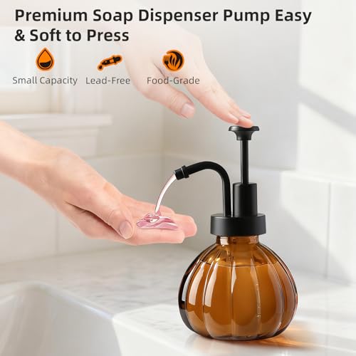 Halloween Soap Dispenser, Fall Amber Glass Soap Dispenser, Small Bathroom Hand Soap Dispenser, Vintage Pumpkin Style Soap Bottle with Pump, 9 fl oz Refillable Liquid Dish Dispenser for Kitchen