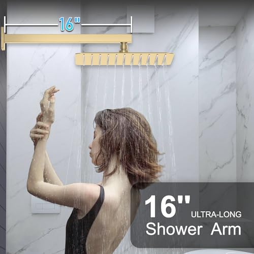 KOJOX Shower System Bathroom Luxury 12 Inch Rain Shower Head with Handheld Mixer Shower Combo Set Wall Mounted Shower Faucet Trim with Valve Brush Gold - color: Brushed Gold, size: 12''