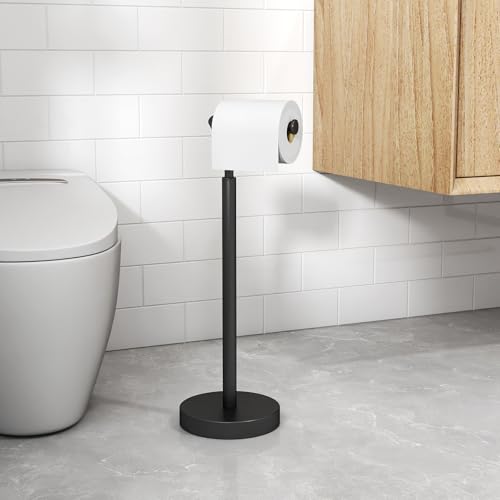 STWWO Toilet Paper Holder Free Standing, Matte Black Toilet Paper Stand 21.7" H, Stainless Steel Tissue Roll Holder for Bathroom, Heavy Weighted Base