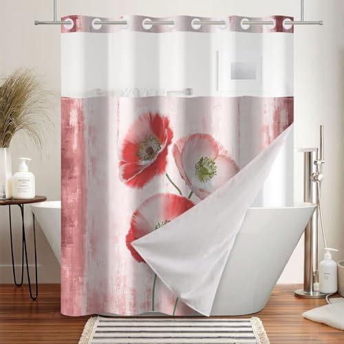 No Hook Floral Shower Curtain and Liner Set 71x74inch | Pink Poppy Flower Pattern, Modern Waterproof Fabric Breathable Mesh Top Bath Curtain for Farmhouse Bathroom, Hotel Decor - color: Pink