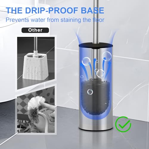 304 Stainless Steel Toilet Brush and Brush Holder Set, Circular Floor Toilet Brush Holder, Long Handle, Bathroom Heavy-Duty Cleaner, High-End Cylinder Wall, 2 Brush Head (Brushed) YIGUANXIN - color: H-brushed