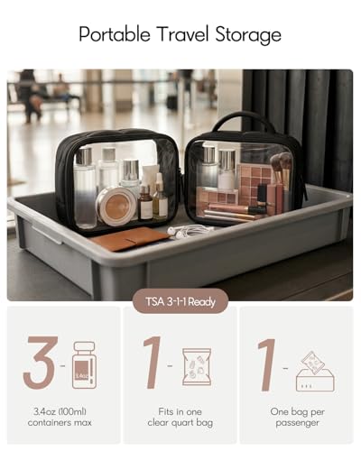 Moyad TSA Approved Toiletry Bag Clear Quart Size Travel Bags Makeup Bag | Large Opening, for Men and Women, Carry on Airline Compliant, Transparent Liquids Pouch, Puffer Black - color: Puffer Black, size: 3 Pack